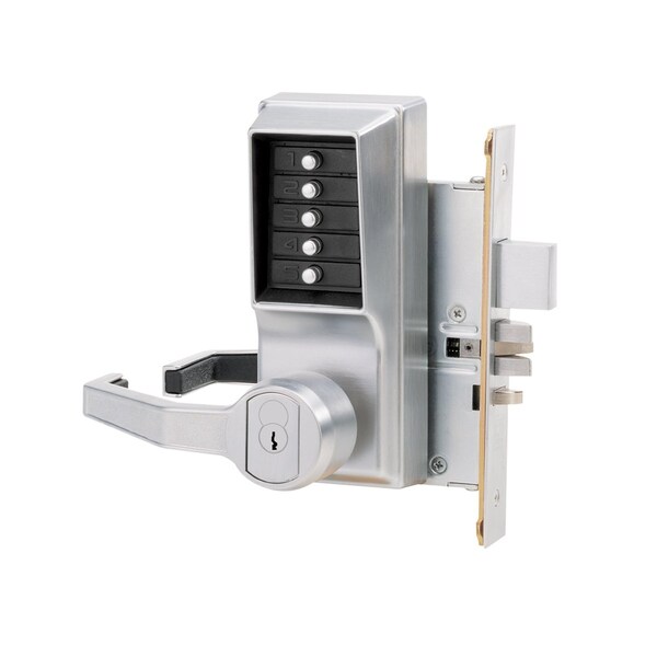 Kaba Left Hand Mechanical Pushbutton Lever Mortise Lock, Deadbolt and Schlage Prep Satin Chrome